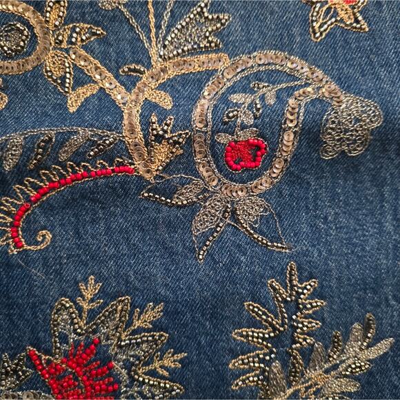 ZARA the New Culotte Embroidered Beaded Raw‎ Hem Straight Leg Jeans Sz Large New - Picture 10 of 16